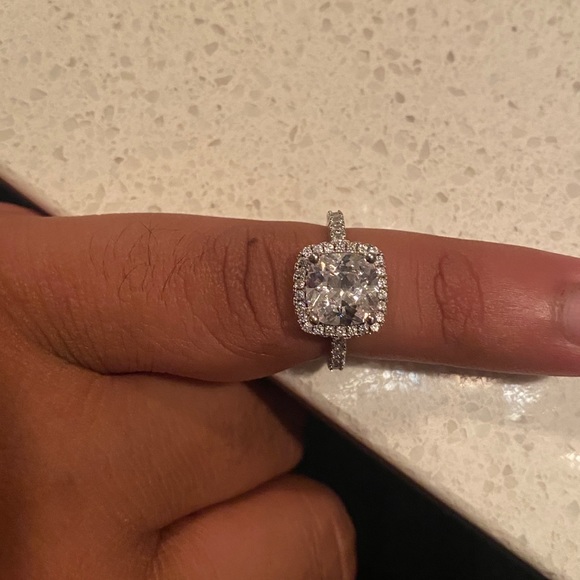 Halo Princess Cut Engagement Ring Stamped 925 Silver Partial Pave Band Two Sizes - Picture 3 of 15